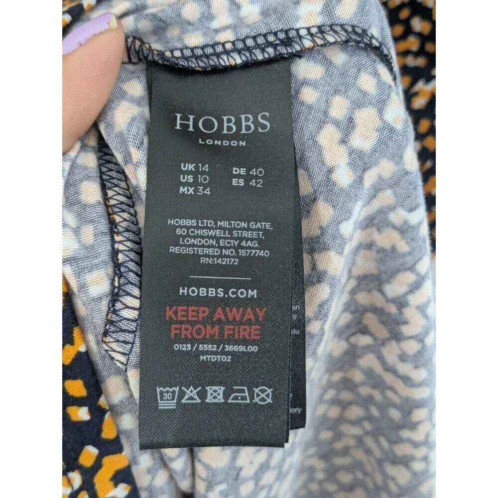Hobbs Long Midi Samantha Dress Half Sleeve Full Pattern UK14 US M Orange Navy